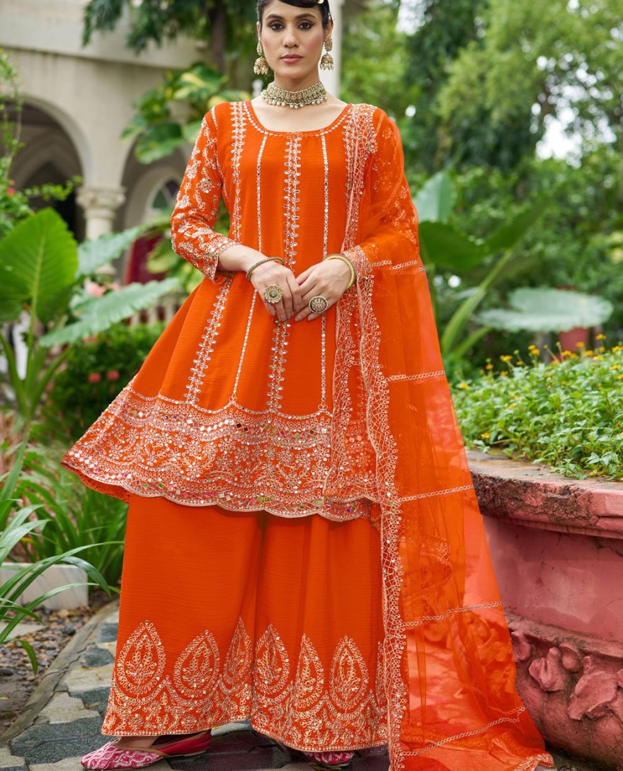 ORANGE - Scintillating Orange Chinon Palazzo Salwar Suit